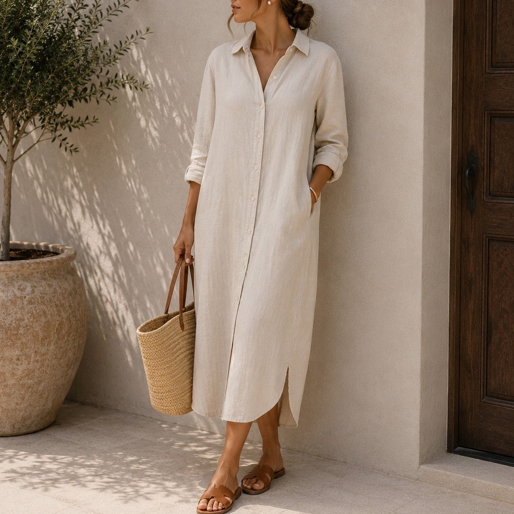 Coastal Beige Shirt Dress Women's XS Linen Blend Long Sleeve Midi Melange - Picture 2 of 12
